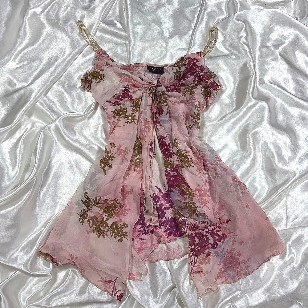 y2k Camisole Pink Excellent Floral Tie Front Handkerchief Hem Sheer Style Top